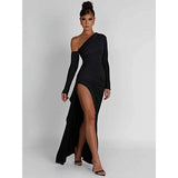 Chic Oblique Shoulder Thigh-High Split Maxi Dress - Sleeveless Backless Bodycon for Evening Parties