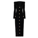 Women's Black Cotton Velvet Long-Sleeve Sheath Dress