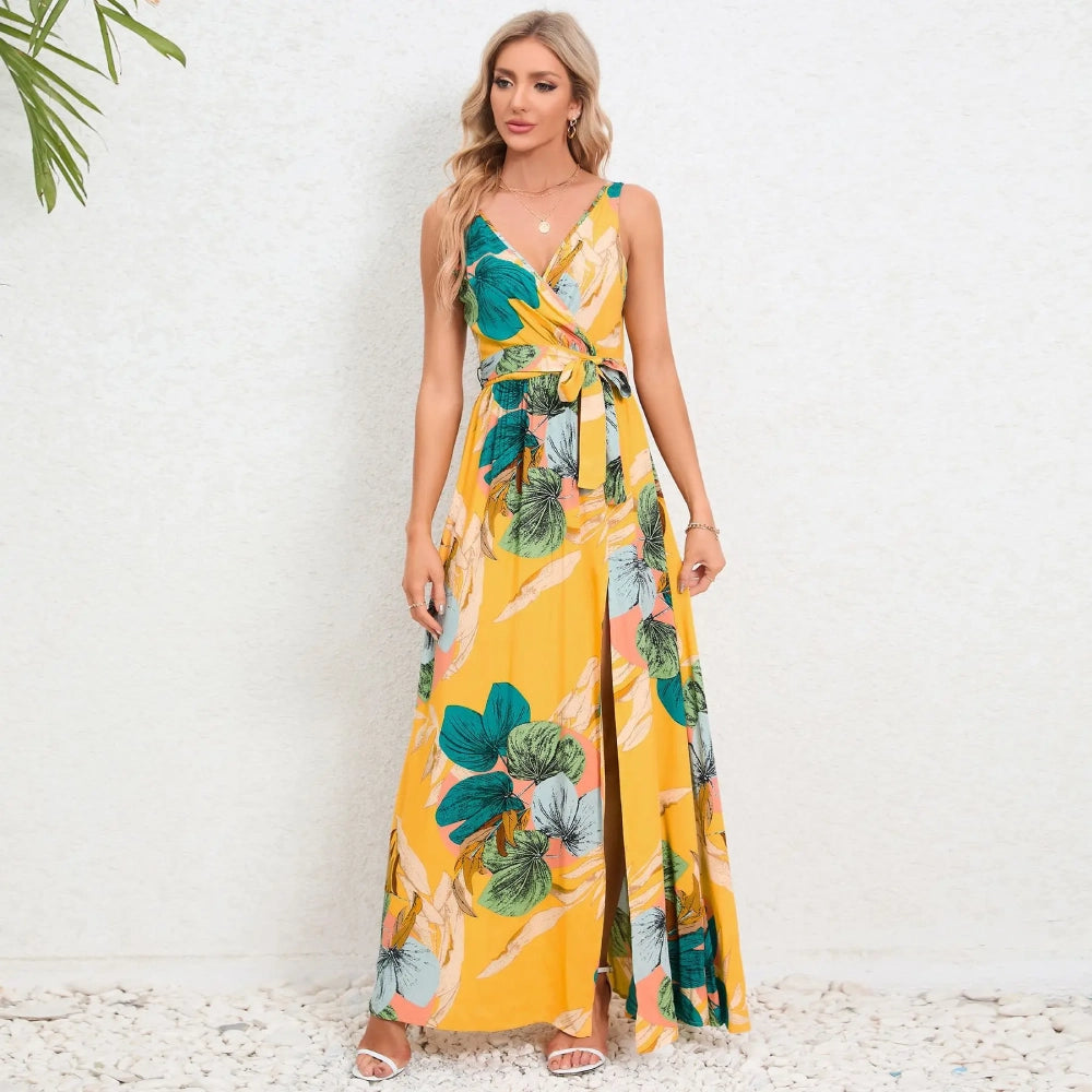 Elegantes Sommer-Maxikleid mit V-Ausschnitt und Paisleymuster