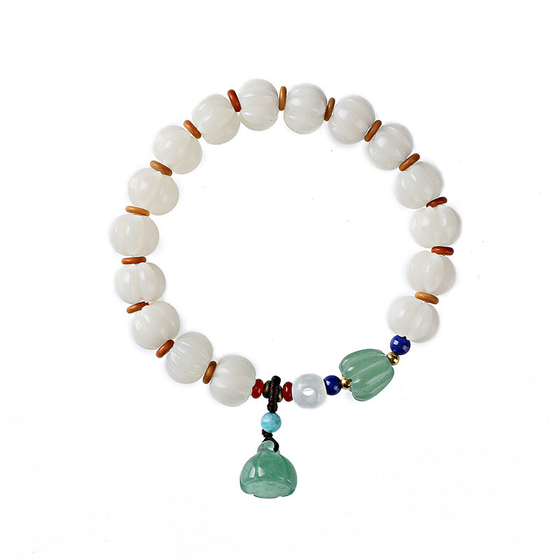 White Bodhi Root Carved Pumpkin Bead Jade Lotus Wenju Bracelet - Dazpy