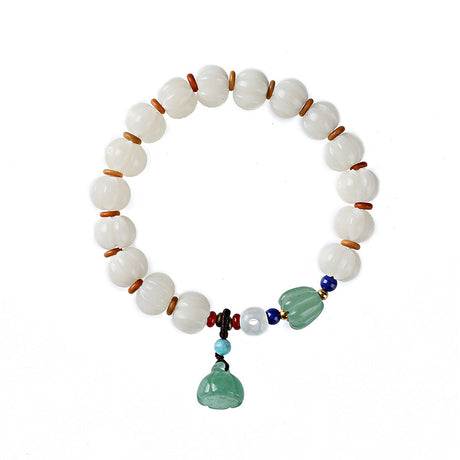 White Bodhi Root Carved Pumpkin Bead Jade Lotus Wenju Bracelet - Dazpy