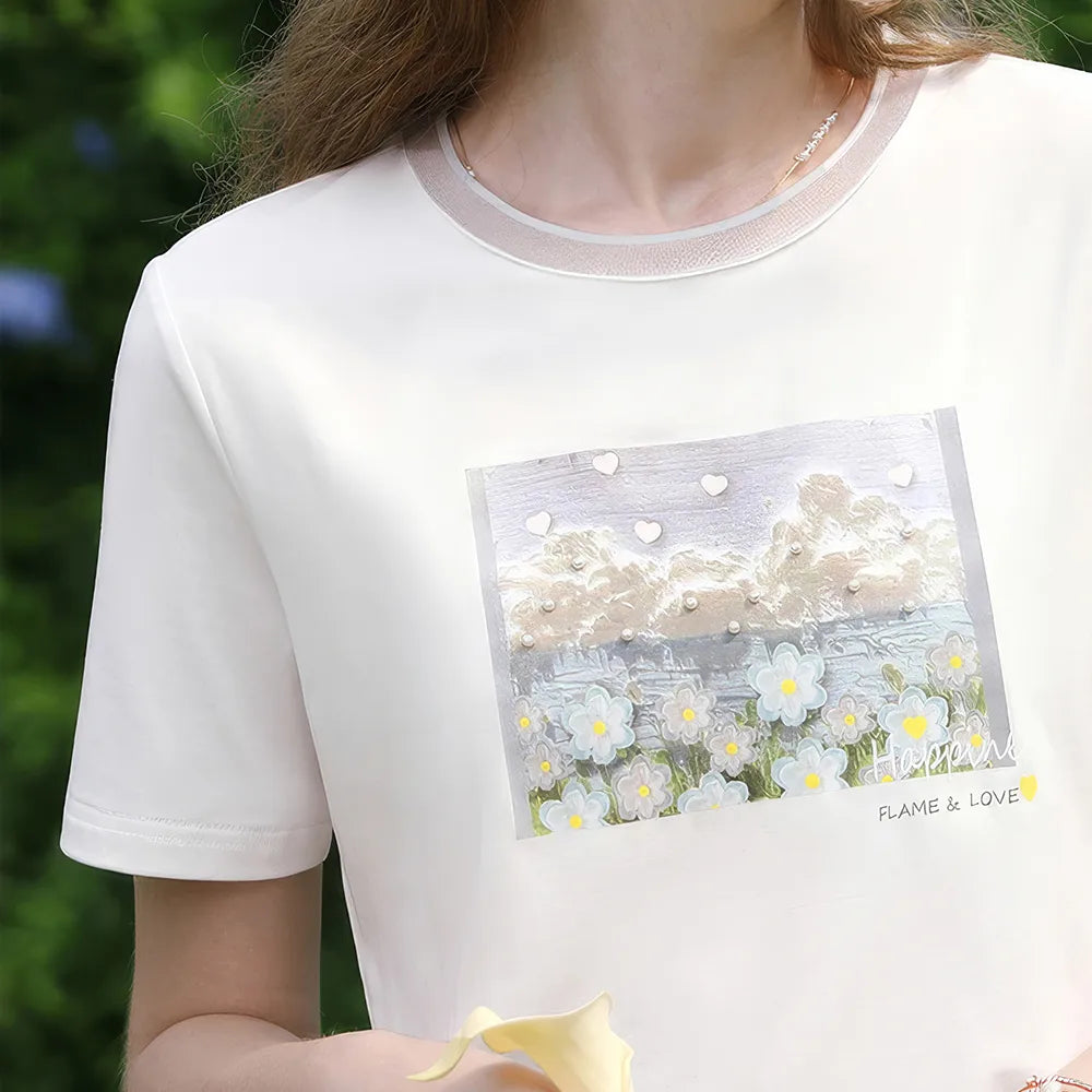 Camiseta con estampado de aceite de algodón fresco para mujer