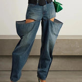 Jeans mit weitem Bein und hoher Taille im Patchwork-Stil