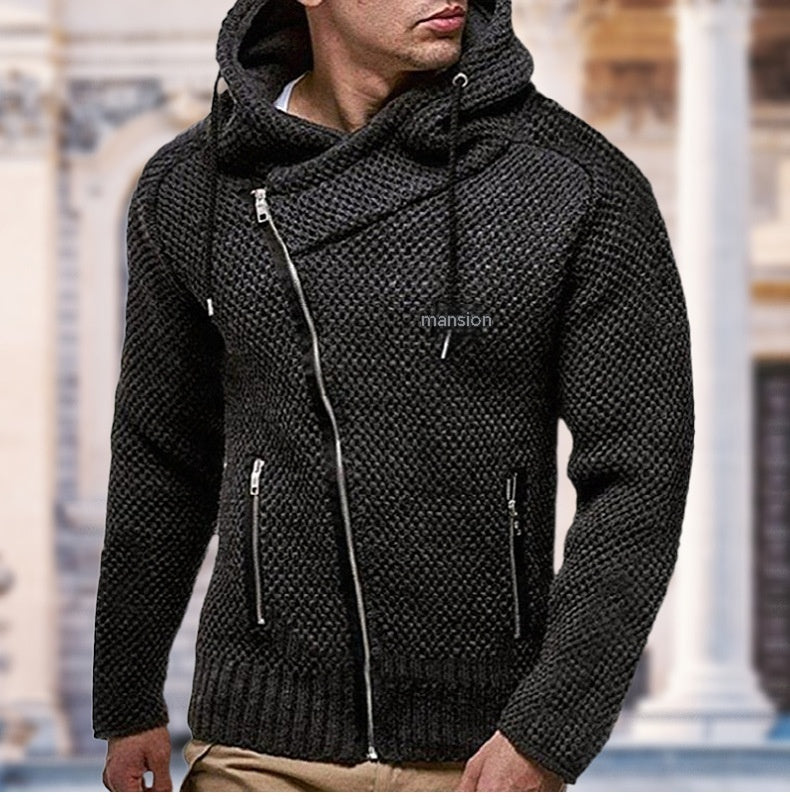 New Men's Oblique Zipper Slim-fit Long-sleeved Black With Extra Lining Sweater