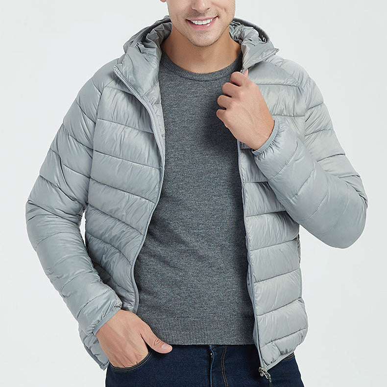 Abrigo ligero con capucha para hombre, chaqueta cálida de invierno de color sólido con cremallera, ropa de abrigo portátil de moda, ropa superior