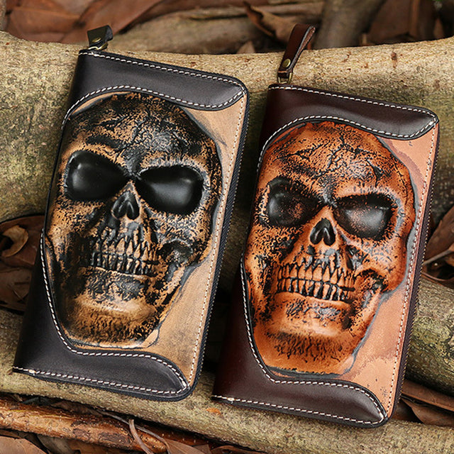 Cowhide Skull Ghost Head Men's Zipper Wallet - Dazpy