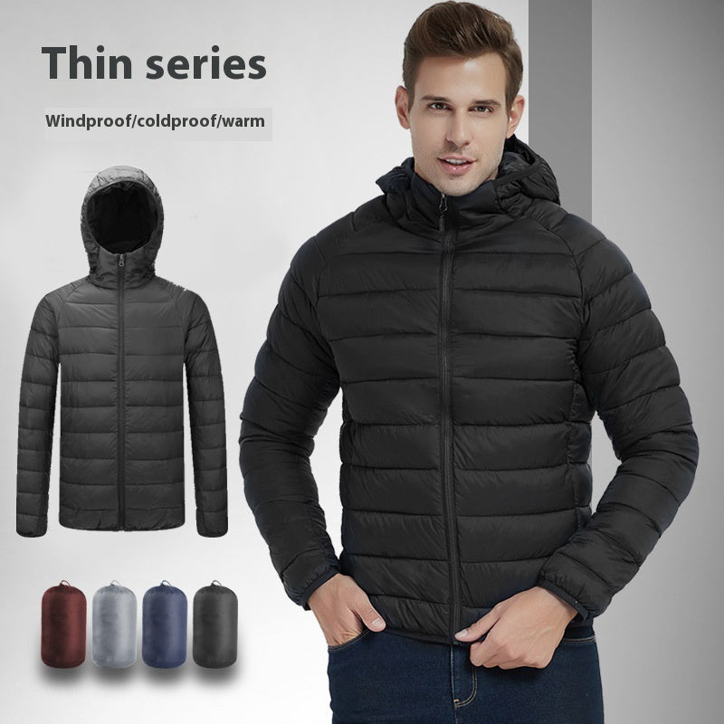 Abrigo ligero con capucha para hombre, chaqueta cálida de invierno de color sólido con cremallera, ropa de abrigo portátil de moda, ropa superior