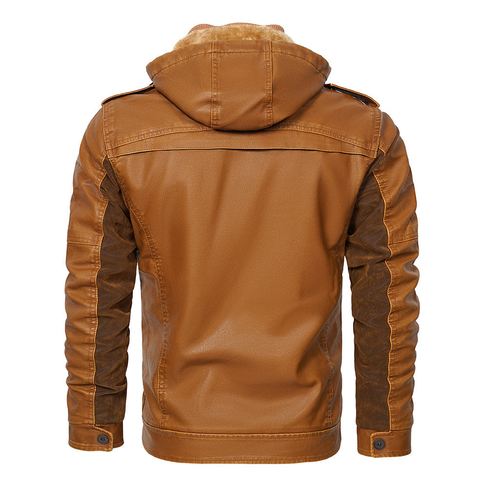 Hooded PU Leather Jacket Men's Winter Fleece Padded Coat European Size