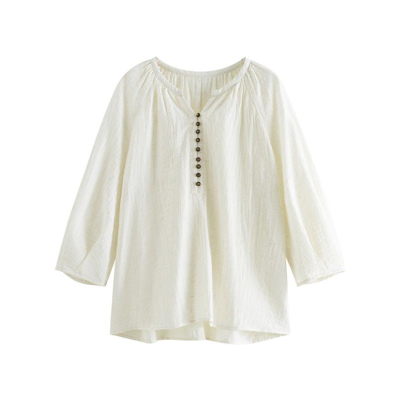 Elegante blusa de mezcla de lino beige con mangas raglán tres cuartos para el verano