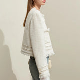 Minimalist Tweed Short Jacket with Tassel and Pleated Cuffs