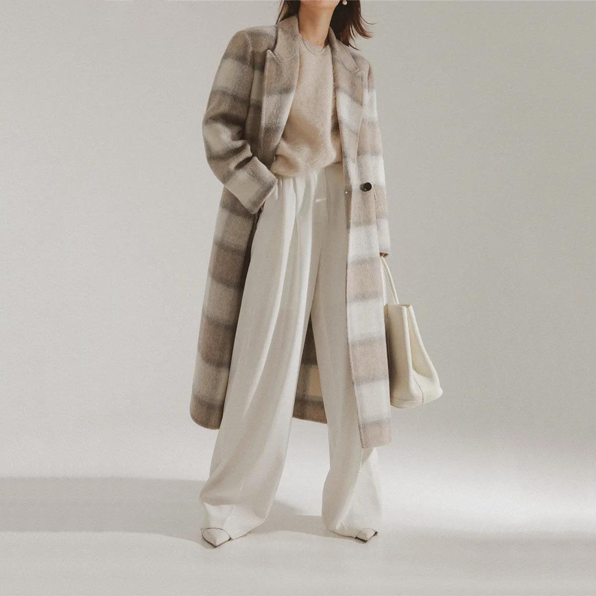 Elegant Plaid Double Breasted Long Woolen Coat for Women