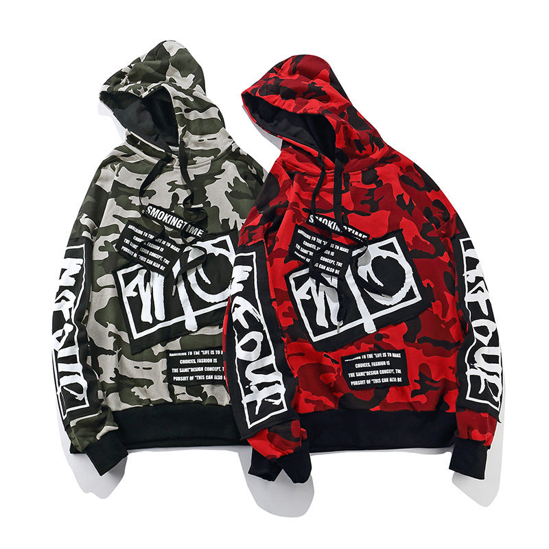 Herren Flut brandneue Patch Kapuze Herbst Camouflage lockerer Pullover High Street Herren wilder Hip Hop Kapuzenpullover 