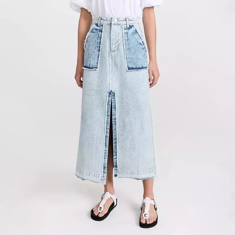 Chic Split Color Patchwork Denim Skirt