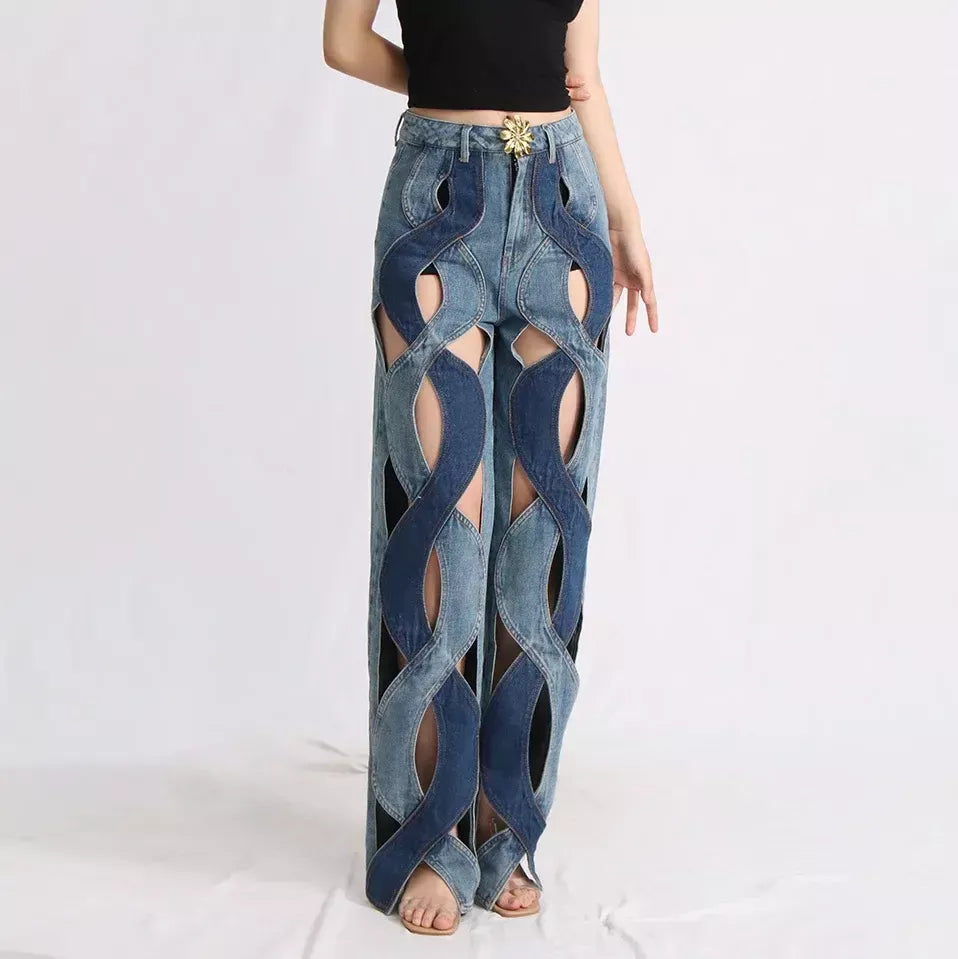 High Waist Floral Zippered Distressed Jeans