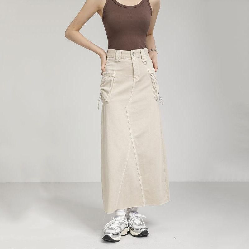 Autumn Vintage High Waist Denim Cargo Skirt with Pockets