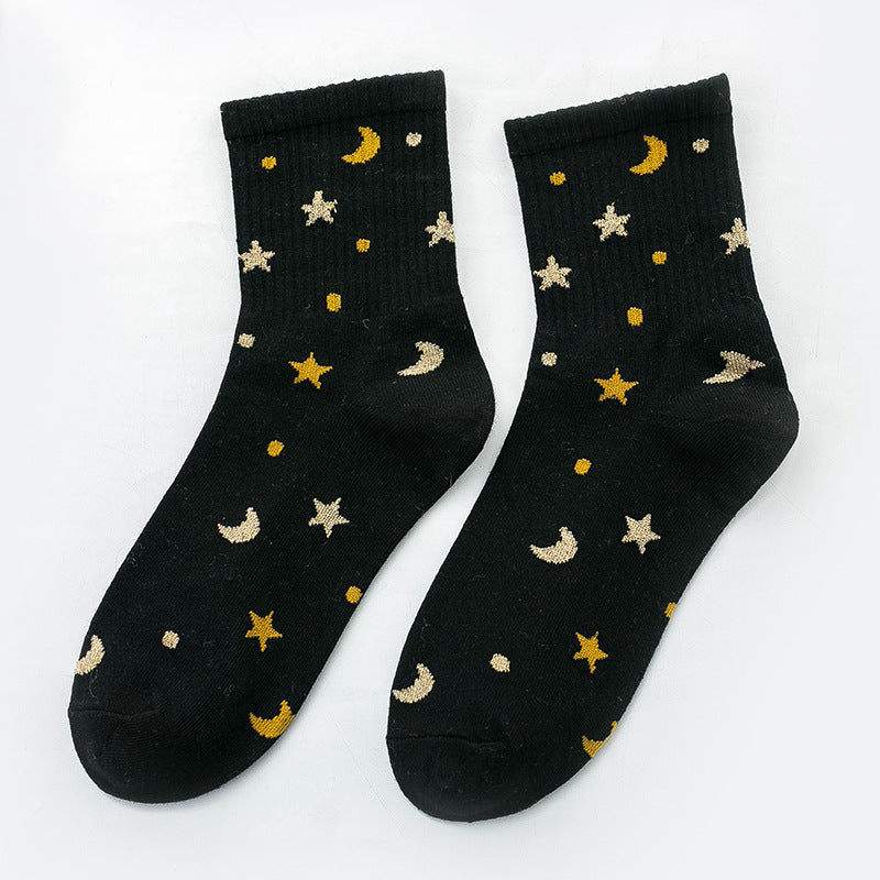 Stilvolle Damensocken aus silberner Seide mit Mond und Stern