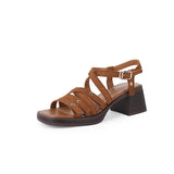 Open Toe Chunky Heel Leather Sandals