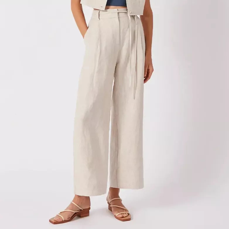 Pantalones elegantes de lino para oficina y ropa de calle de estilo coreano de cintura alta