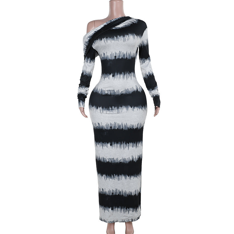 Women's Black And White Striped Asymmetric Shoulder Long Sleeve Dress