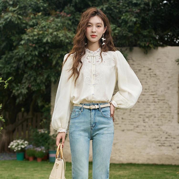 Spring Hollow Embroidered Mesh Blouse