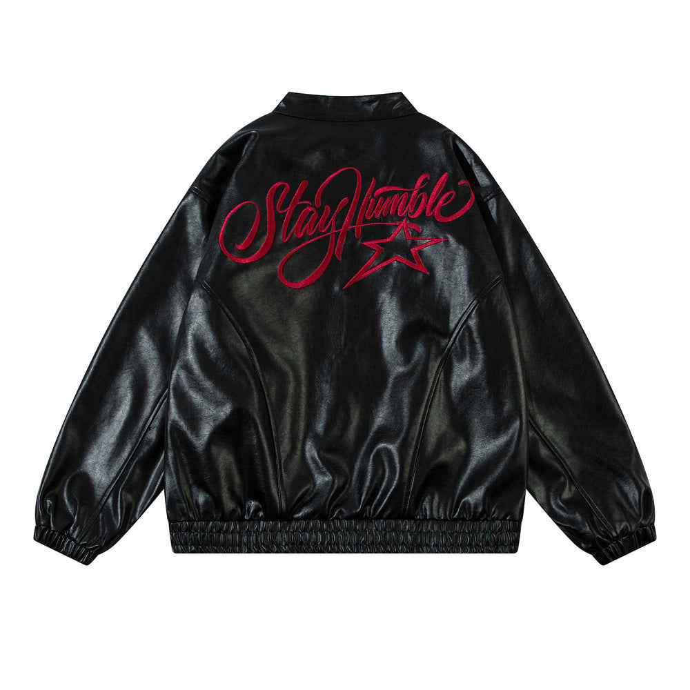 Men's Embroidered Letter Loose Leather Jacket