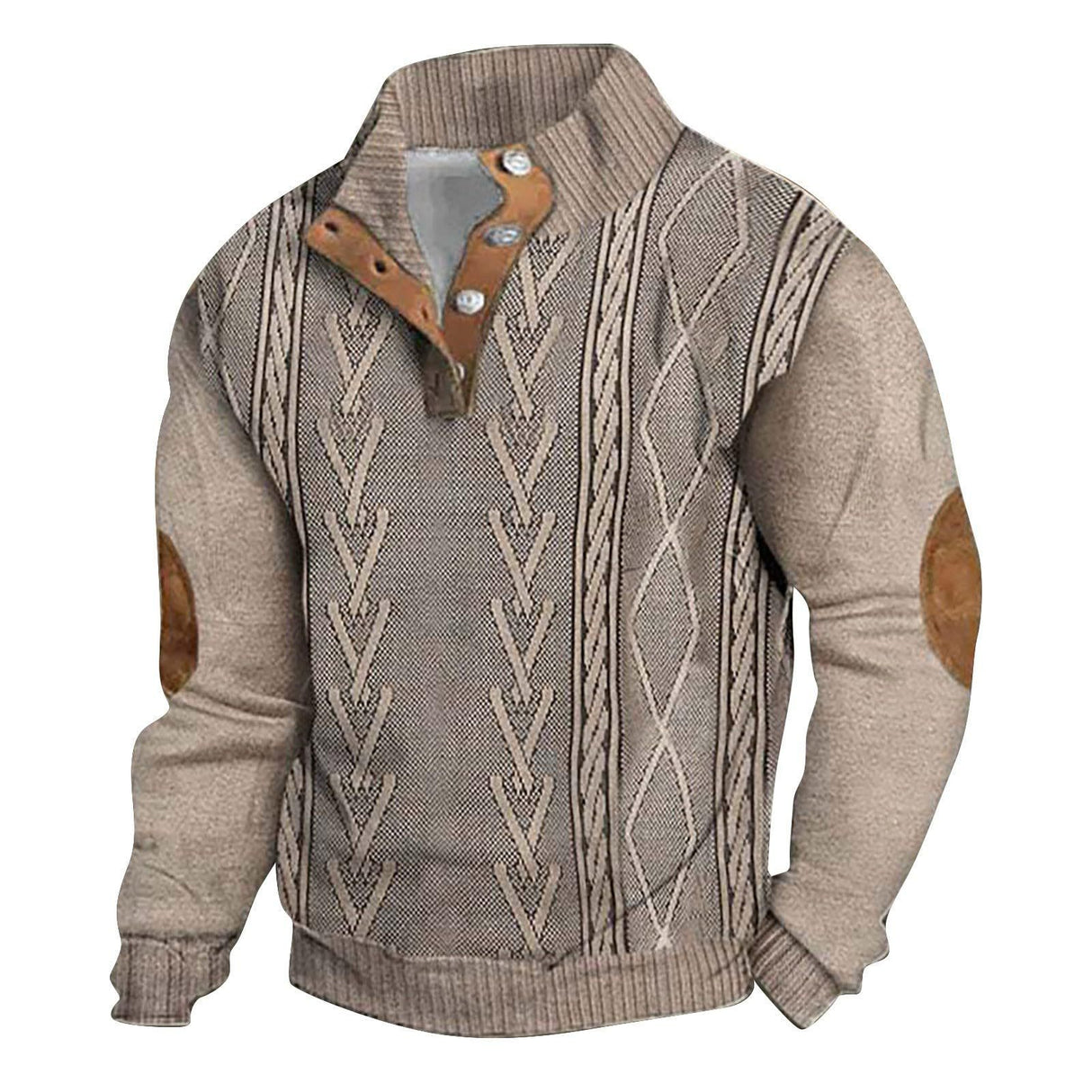 Men's Casual Stand Collar Long-sleeved 3D Printed 4-button Pullover Sweater