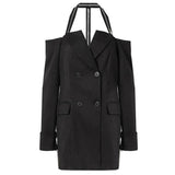 Chic Halter Neck Double Breasted Black Blazer for Women