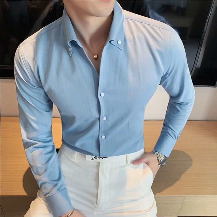 Camisa de negocios de manga larga con cuello en V grande para hombre