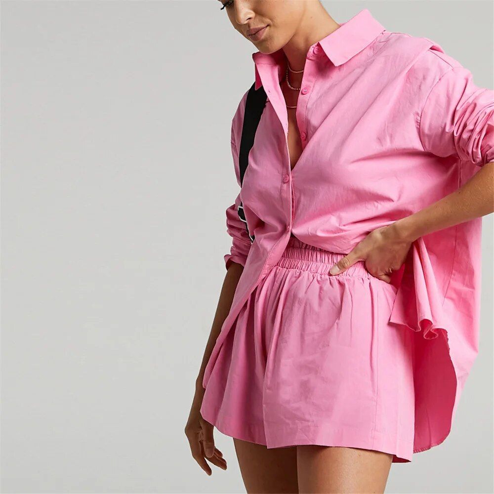 High Waist Cotton Linen Shirt and Shorts Set