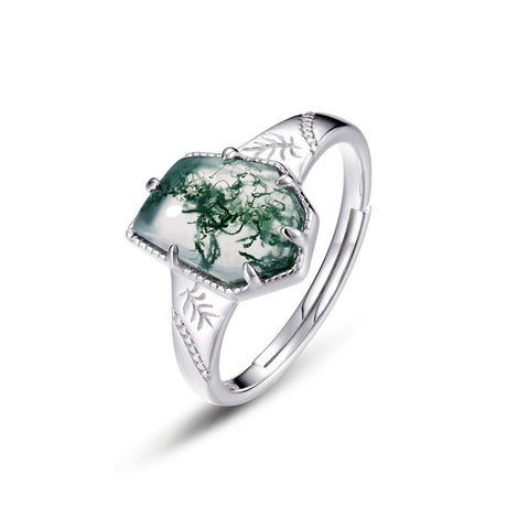 S925 Sterling Silver Irregular Green Moss Agate Ring - Dazpy