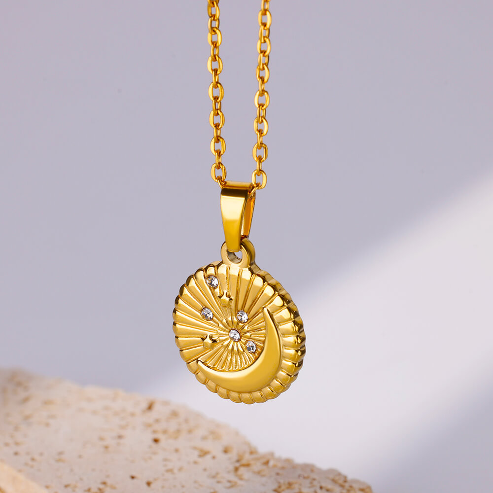 Gold Plated Stainless Steel Star Disc Pendant Necklace