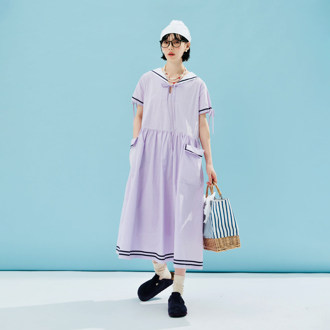 Summer Striped Cotton Mid-Length Dress with Sailor Collar and Pockets