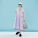 Summer Striped Cotton Mid-Length Dress with Sailor Collar and Pockets