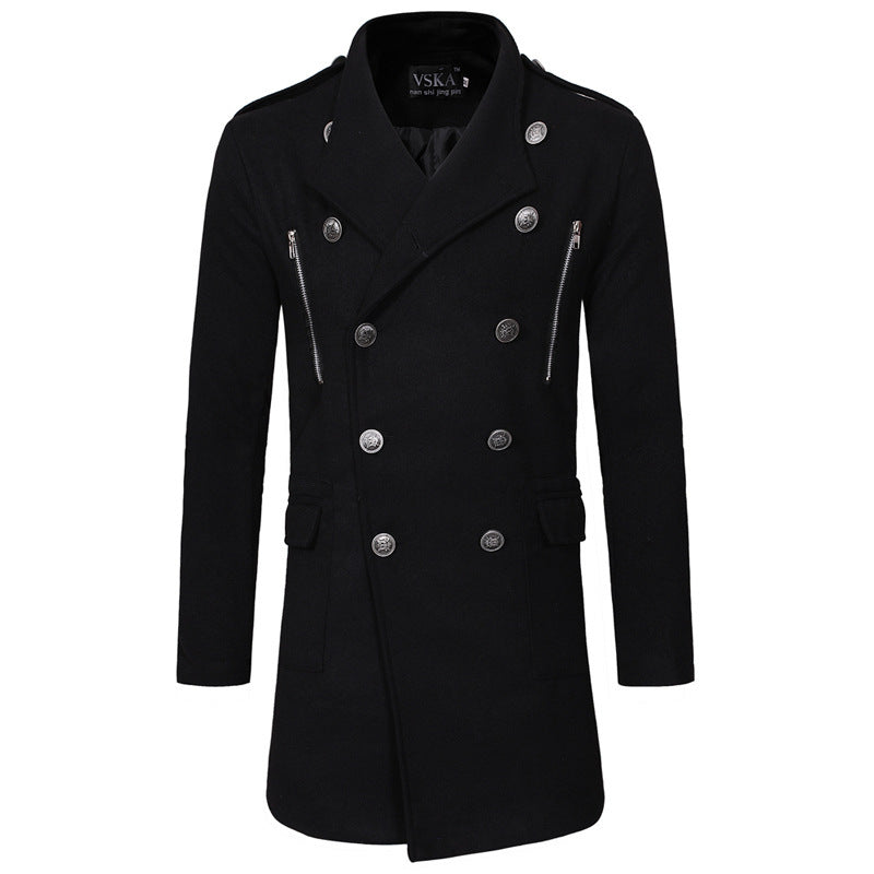 Double-breasted Large Lapel Men's Casual Slim-fit Mid-length Woolen Trench Coat