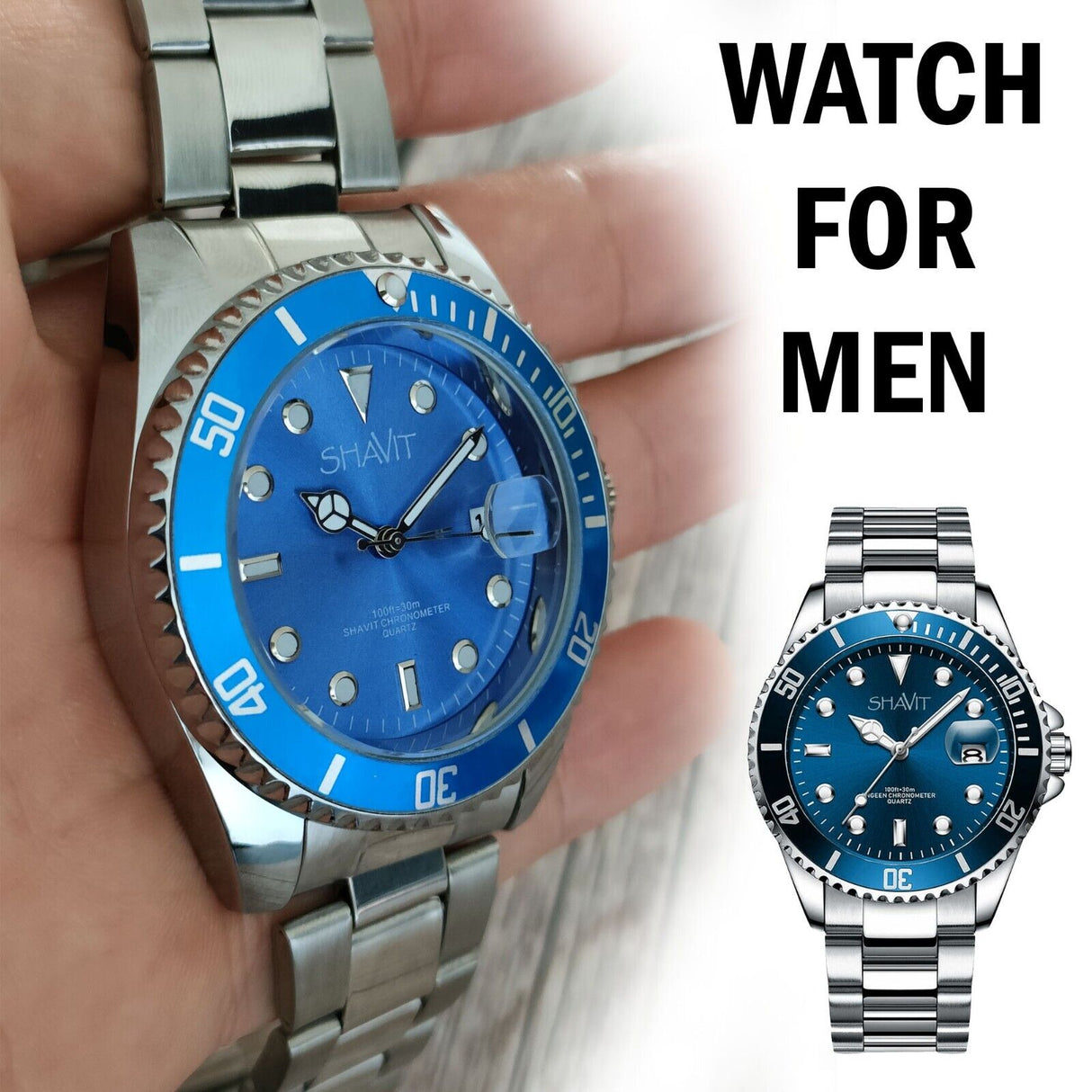 Fashion Men Watch Stainless Steel Analog Quartz Classic Male Wristwatch, Blue - Dazpy