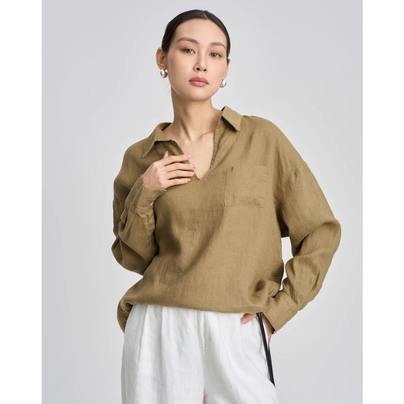 Linen V-neck Long Sleeved Shirt for Women