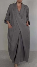 Vestido de algodón y lino con cuello en V, abertura y bolsillos para mujer