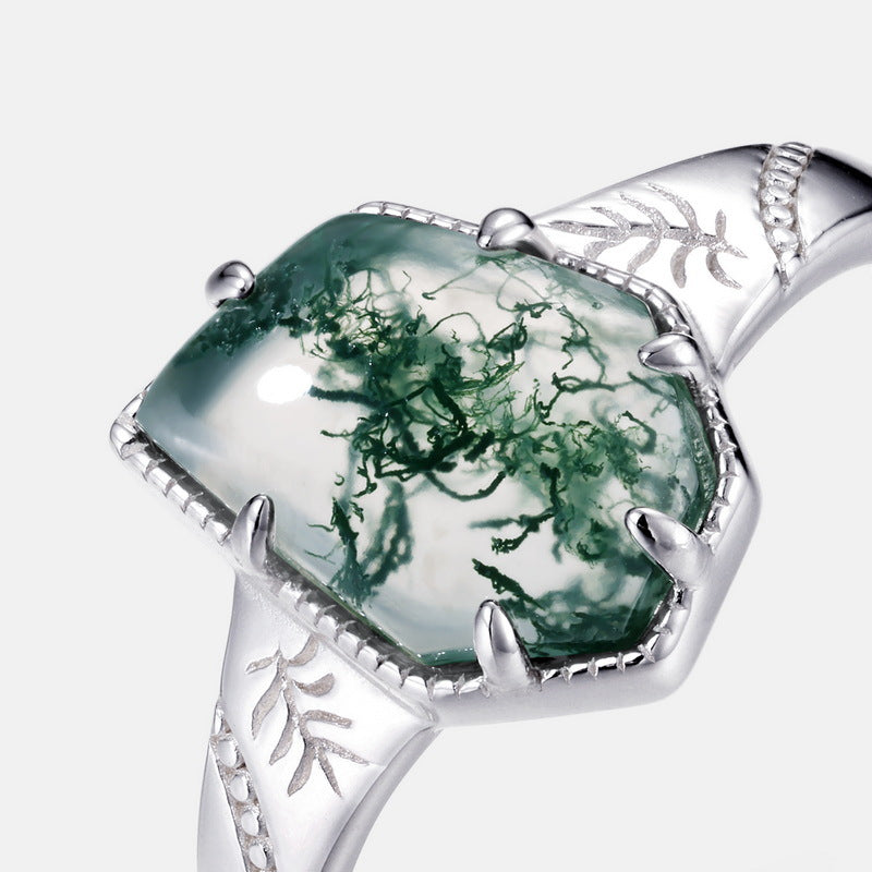 S925 Sterling Silver Irregular Green Moss Agate Ring - Dazpy