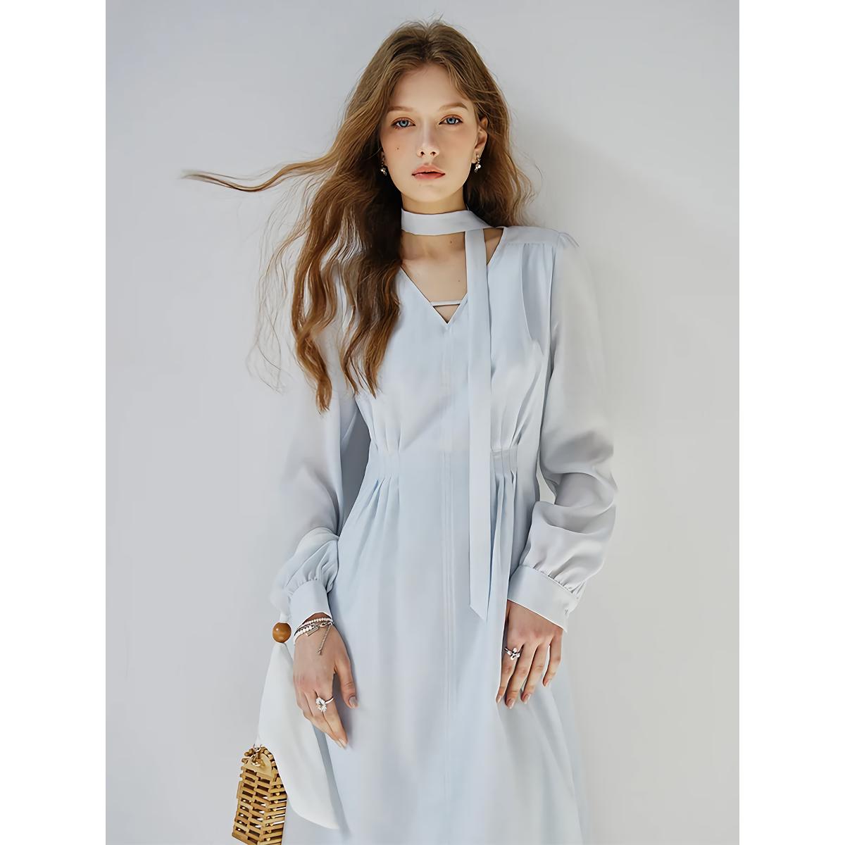 French Style V-Neck Light Blue Ribbon Dress