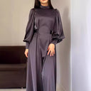 Long-Sleeve Belt-Detail A-Line Maxi Dress