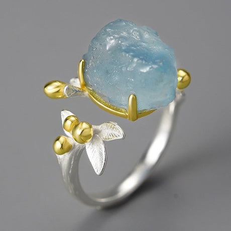 Natural Aquamarine Flower Adjustable Ring - Dazpy