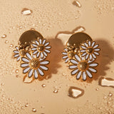 18K Gold Plated Daisy Stud Earrings in White Dripping Oil Finish