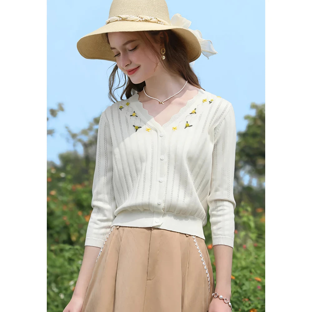 Vintage V-Neck Embroidered Knit Sweater for Women