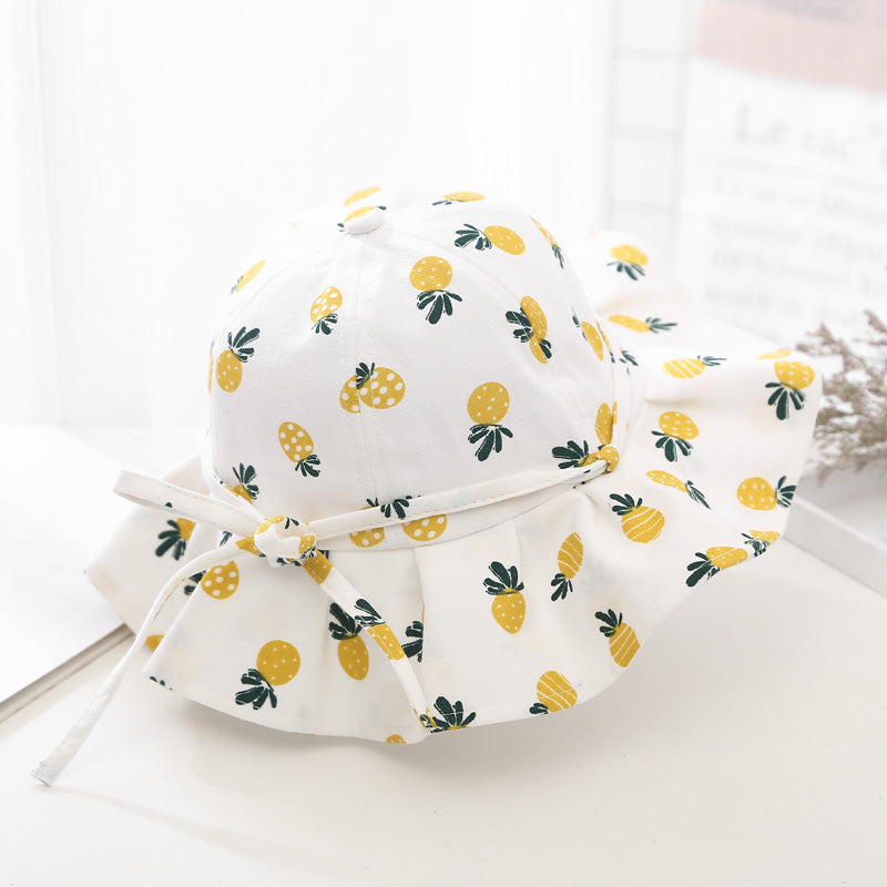 Adorable gorro de pescador de algodón con estampado de frutas para niñas pequeñas con lazo