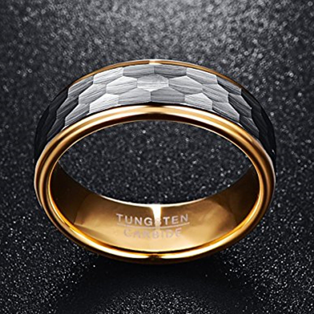 8MM Wide Silver Gray Frosted Hexagonal Gold-plated Inner Ring Tungsten Ring - Dazpy