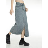 Chic Vintage Blue Denim Midi Skirt with Front Slit