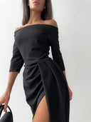 Women's Black Off-Shoulder Long-Sleeve Slit Dress