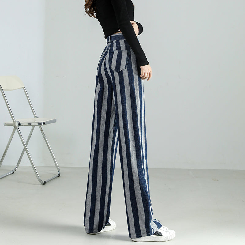 High Waist Vintage Stripe Print Cotton Jeans