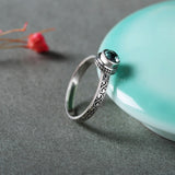 S925 Silver Vintage Ring Round Green Crystal Inlaid - Dazpy