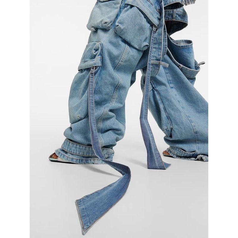 High Waist Spliced Cargo Denim Trousers